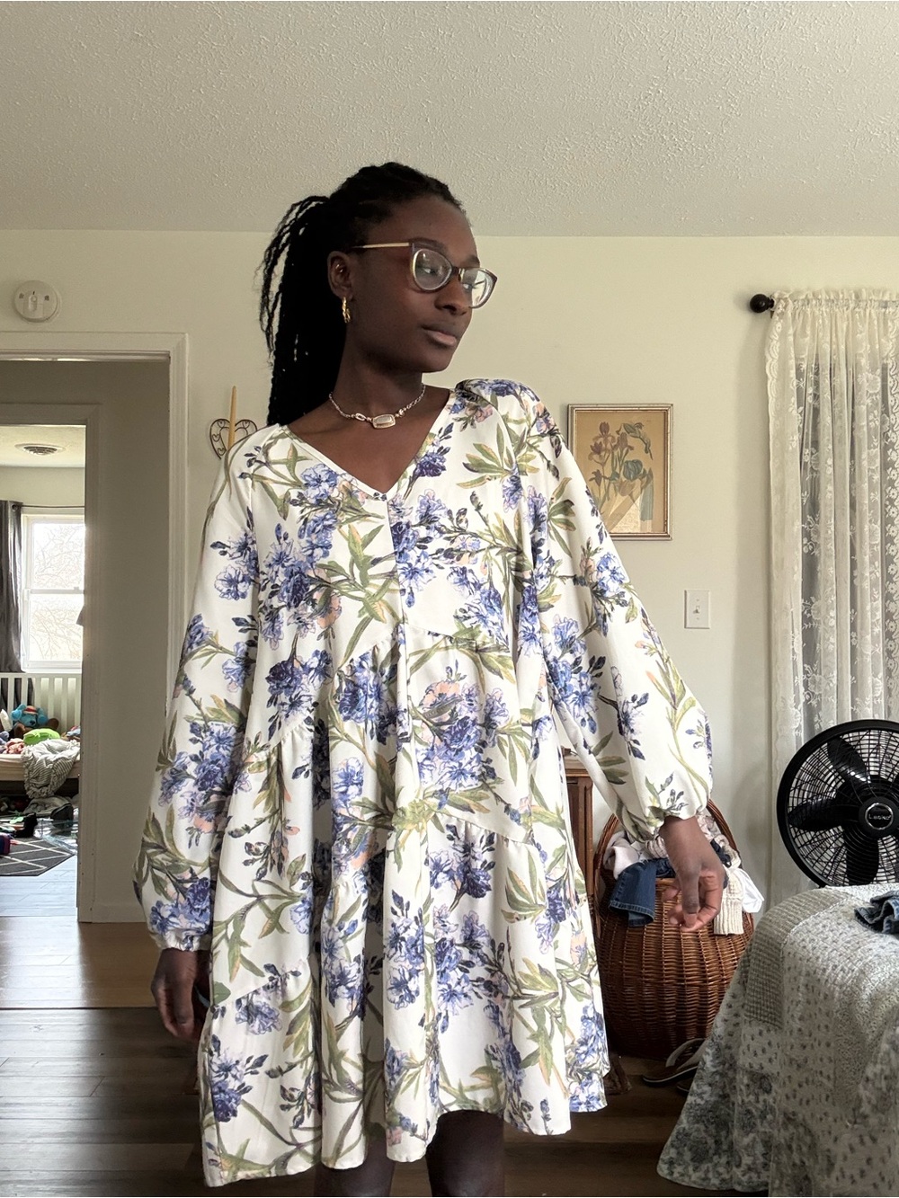 Goodnight Macaroon White V-Neck Long Sleeve Floral Swing Dress